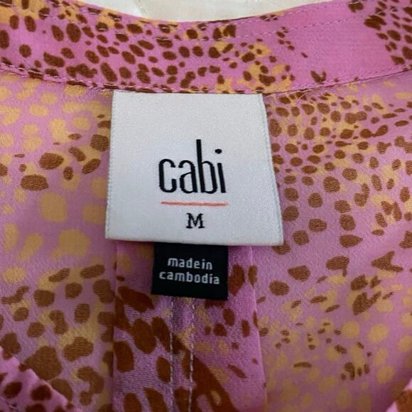 Cabi #5711 Minx Leopard Button-Down Blouse Flutter / Bell Sleeve Sheer Pink Sz M - Picture 7 of 9